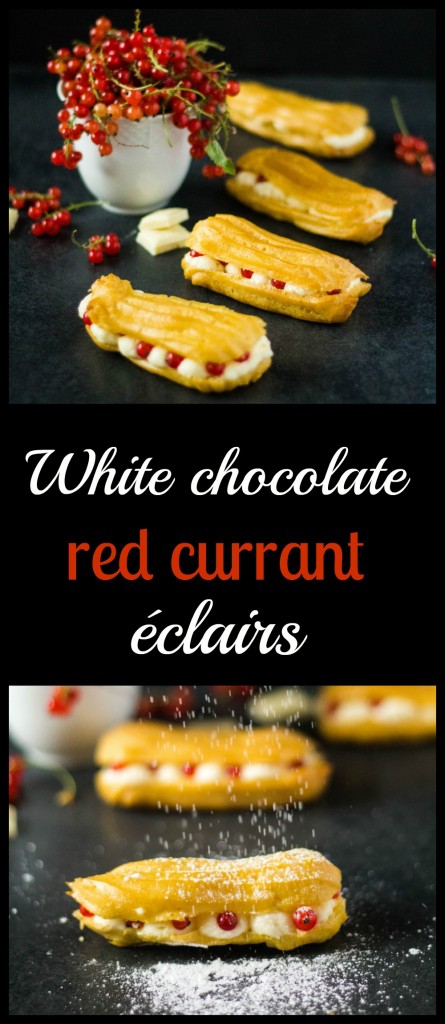 éclairs s bielou čokoládou a červenými ríbezľami